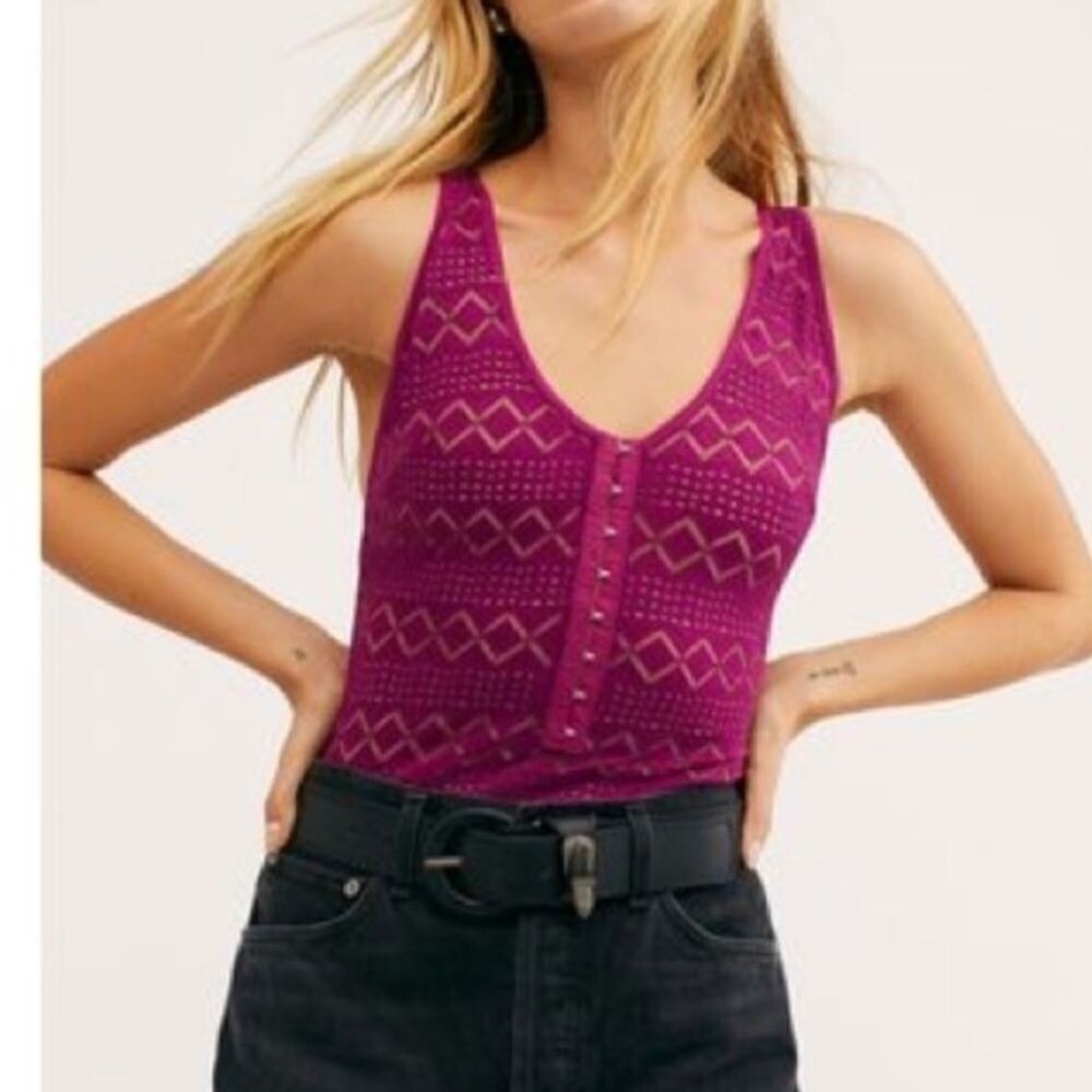 Free People Magenta Crochet One-Piece Bodysuit Front Zip & Cross-Back Straps XS - Picture 6 of 6